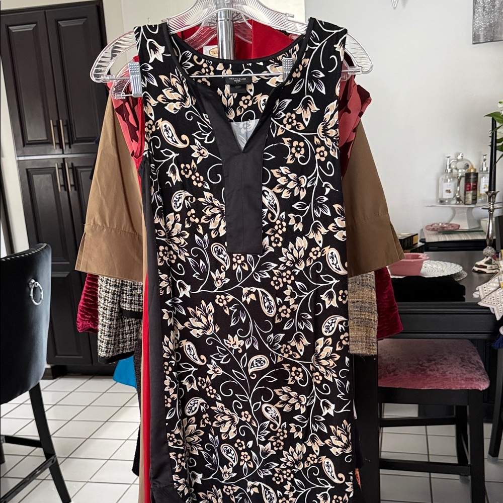 Ann Taylor Black and Cream Floral Midi Dress